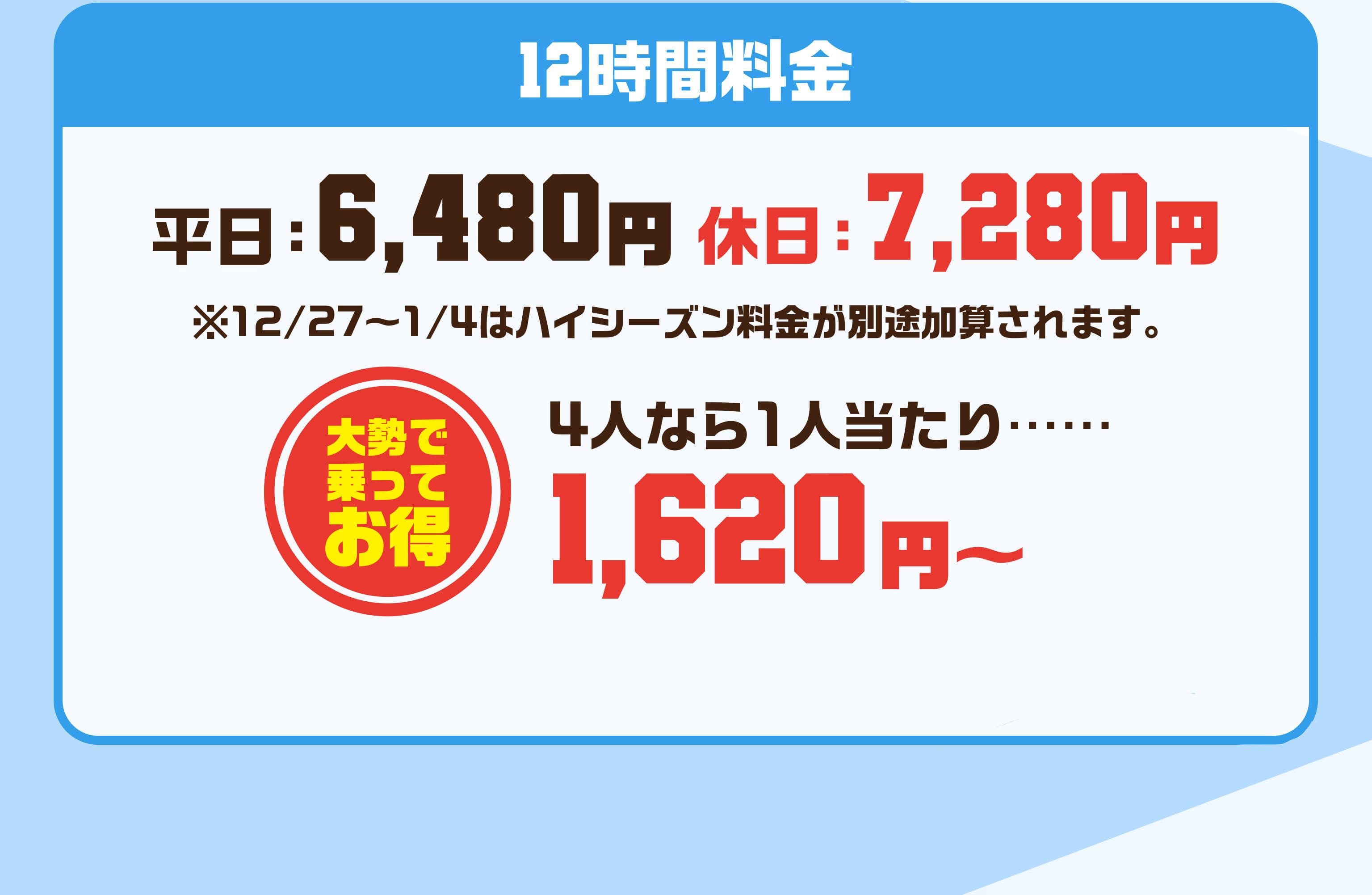 12時間料金 平日6480円 休日7280円 ※12/27〜1/4はハイシーズン料金が別途加算されます。 大勢で乗ってお得 4人なら1人当たり…… 1620円～