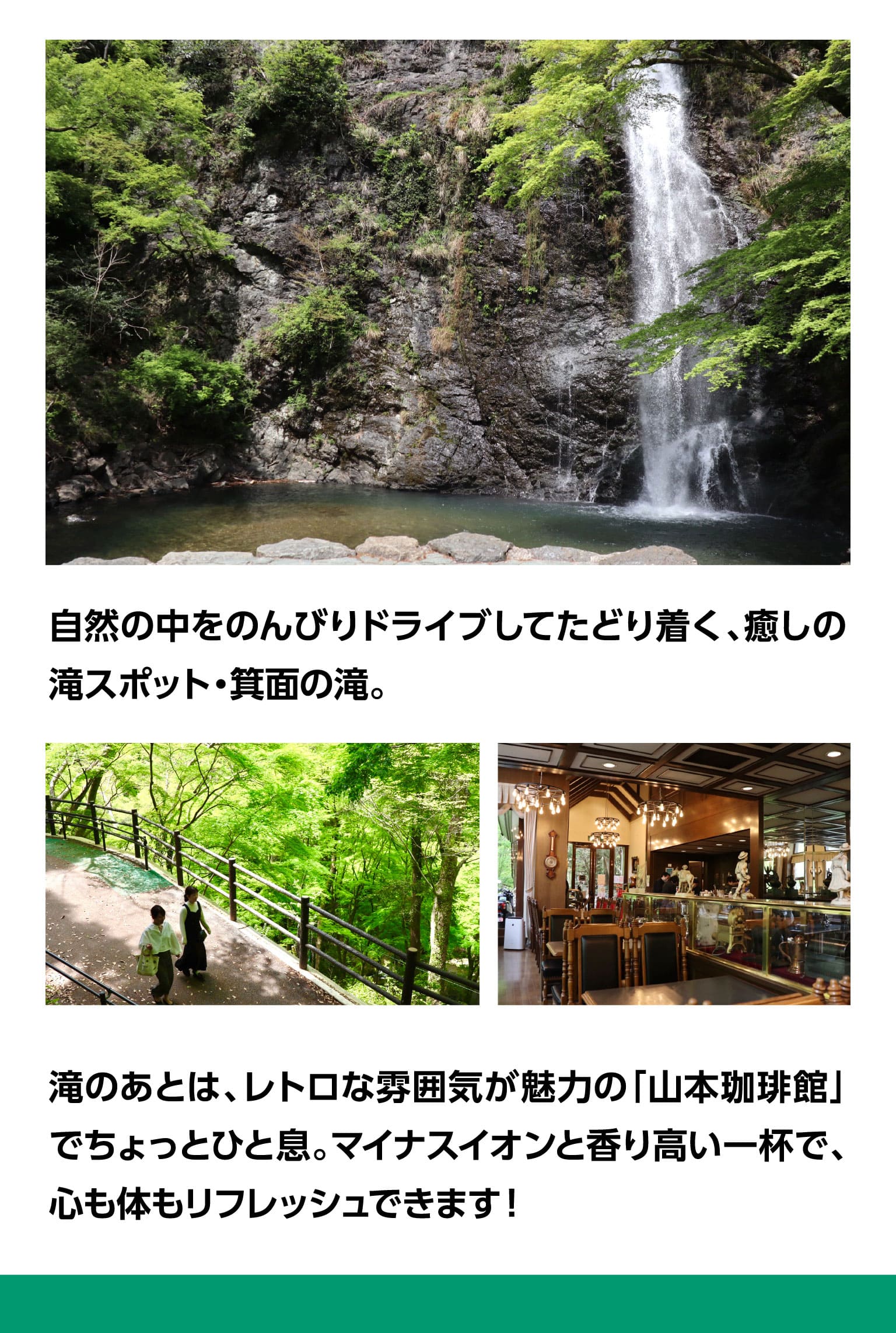自然の中をのんびりドライブしてたどり着く、癒しの滝スポット・箕面の滝。滝のあとは、レトロな雰囲気が魅力の「山本珈琲館」でちょっと一息。マイナスイオンと香り高い一杯で、心も体もリフレッシュできます！